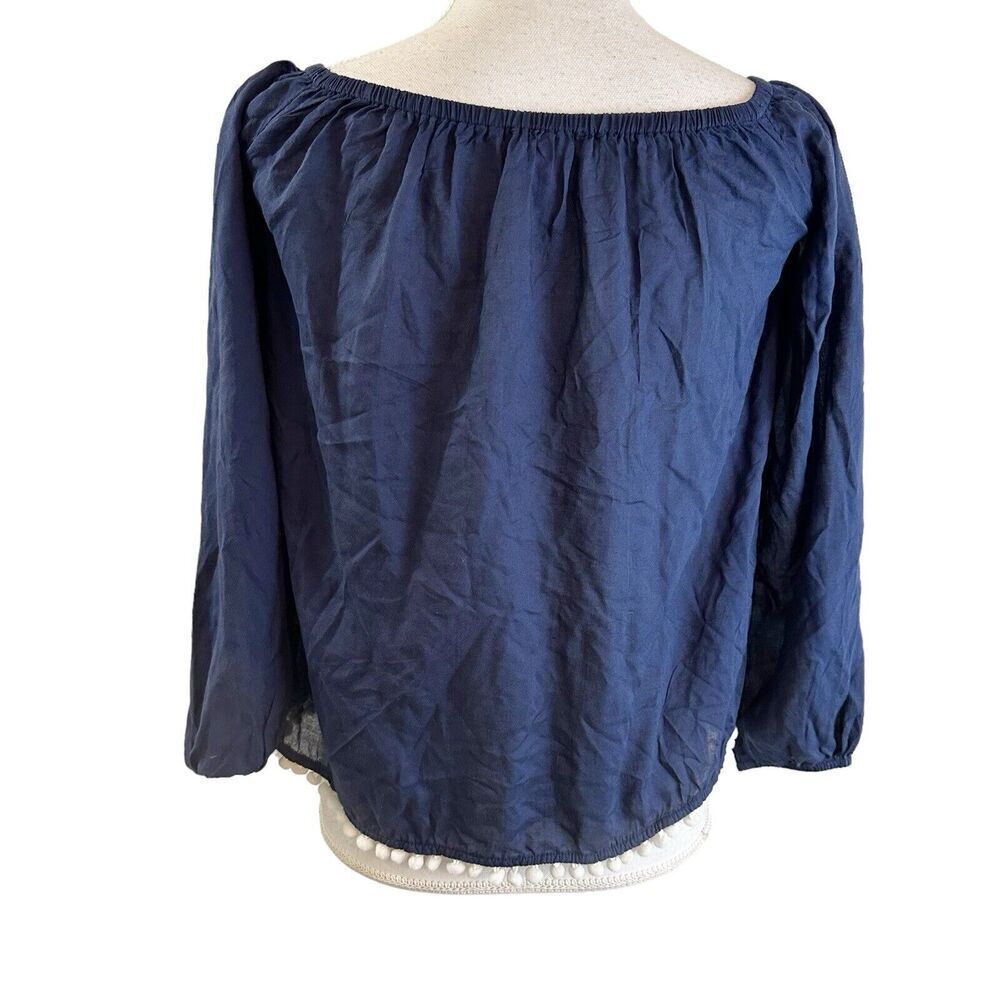 Lilly Pulitzer Womens Blouse Top Size XXS Off Shoulder Navy Pom Pom Hem Rayon - Picture 2 of 5